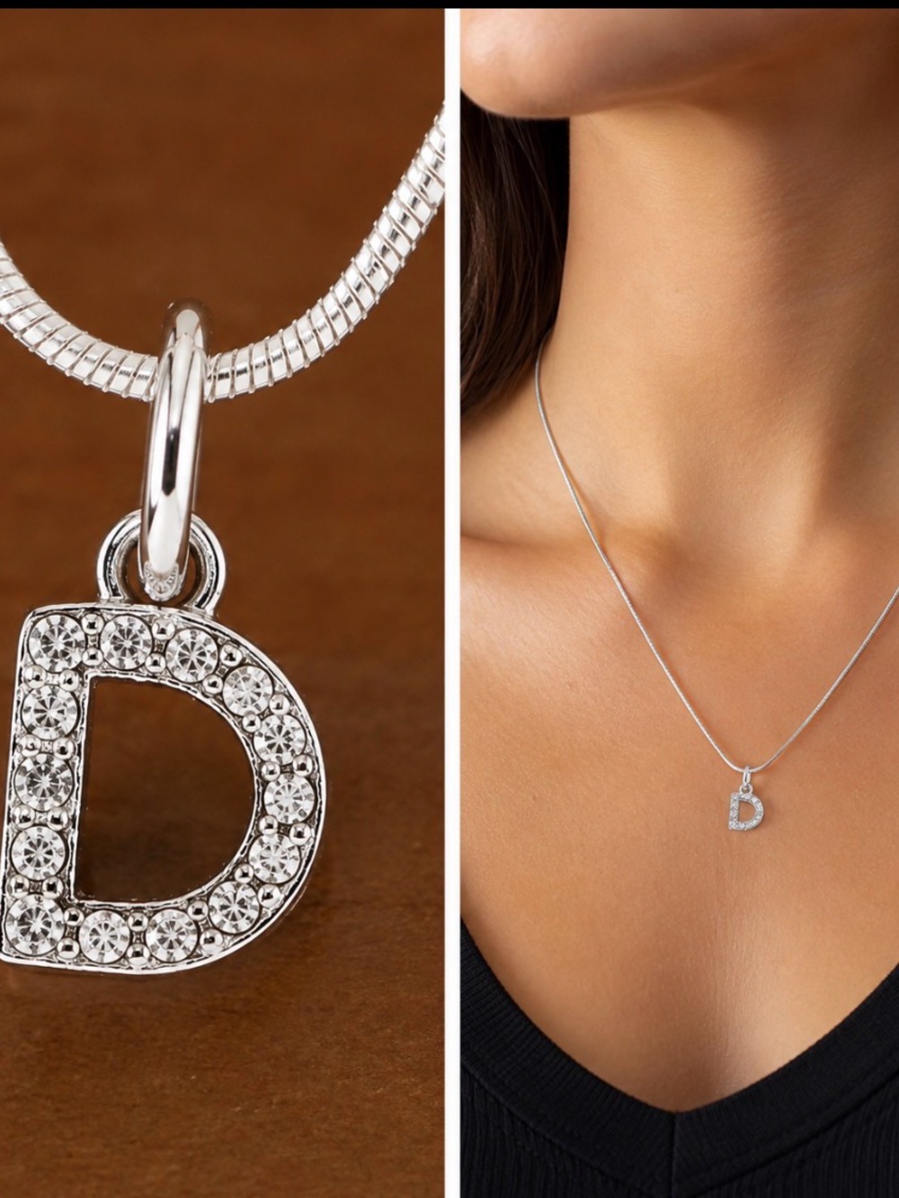 Silver Tone Pave Initial "D" Pendant Necklace 18" Snake Chain Rhinestone Letter